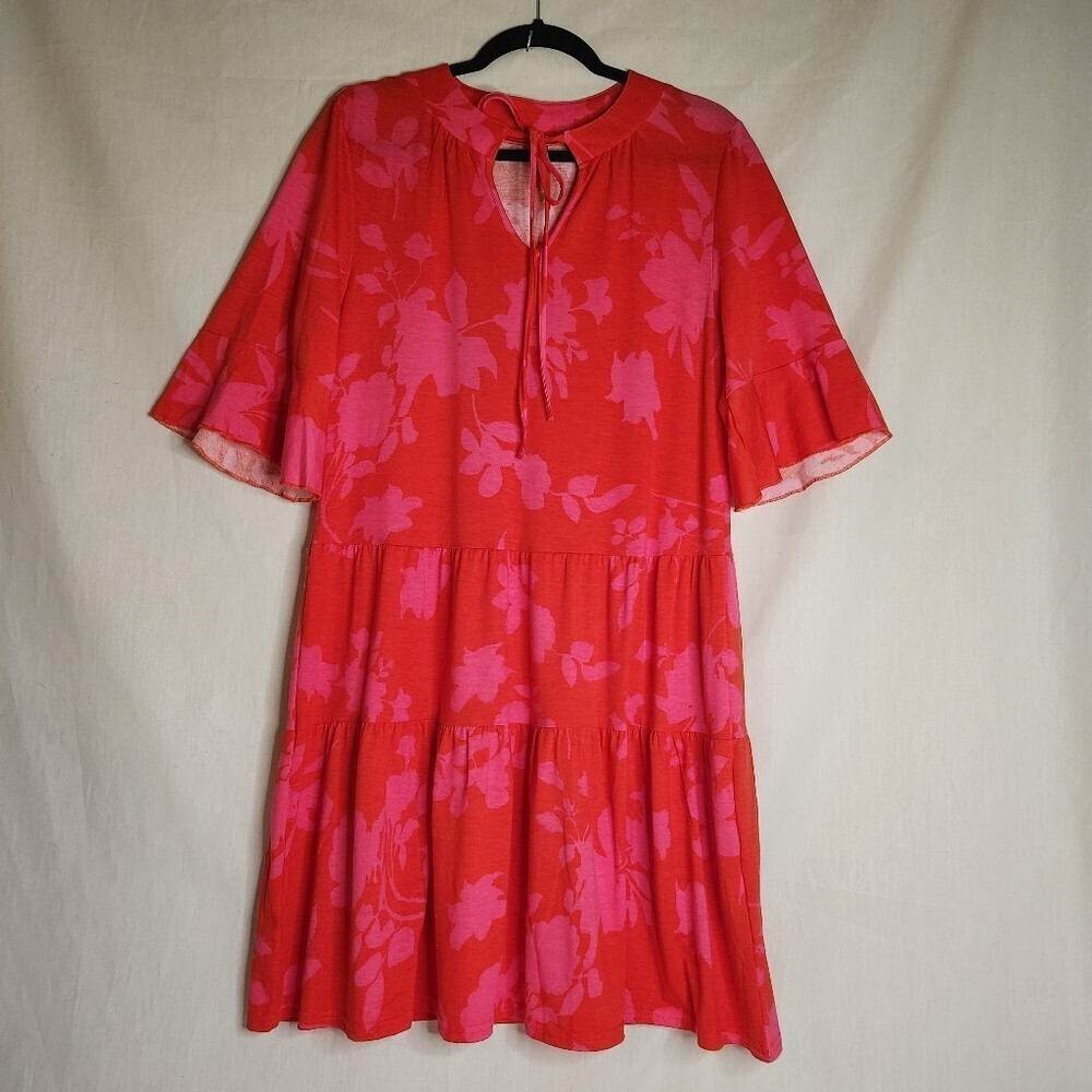Qincao Bell Sleeve Midi Dress Red and Pink With Layers Size M Cottage core